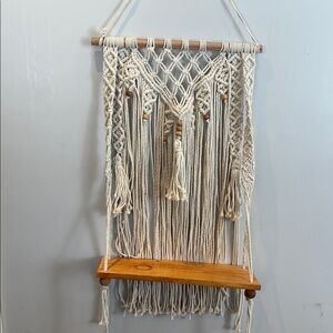 Handcrafted Cream Macrame Wall Hanging with Wooden Shelf